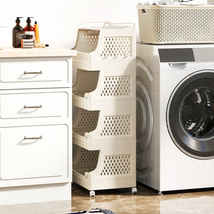 5-Tier Rolling Laundry Basket with Wheels Plastic Storage Cart with Side Hooks view 2