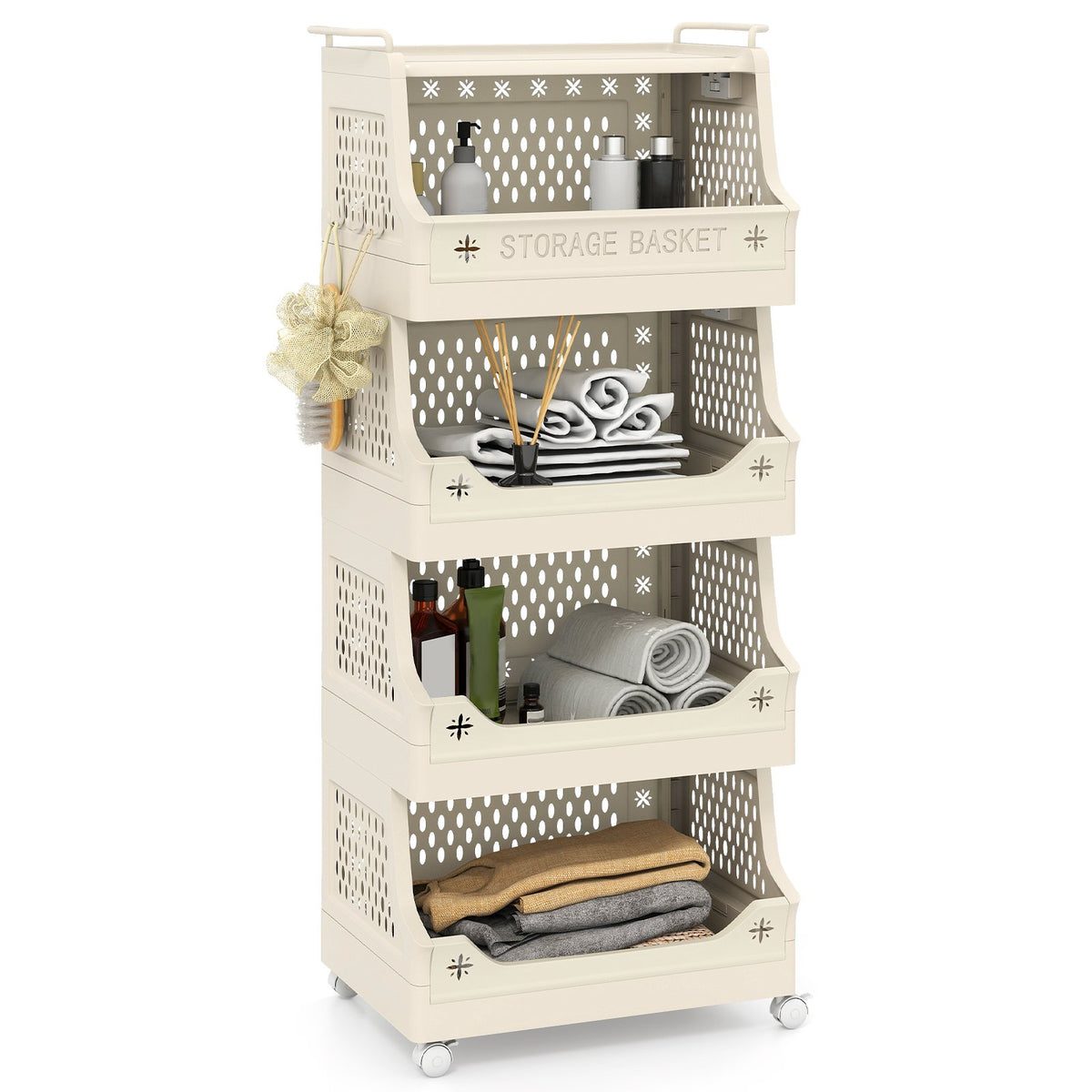 5-Tier Rolling Laundry Basket with Wheels Plastic Storage Cart with Side Hooks view 4