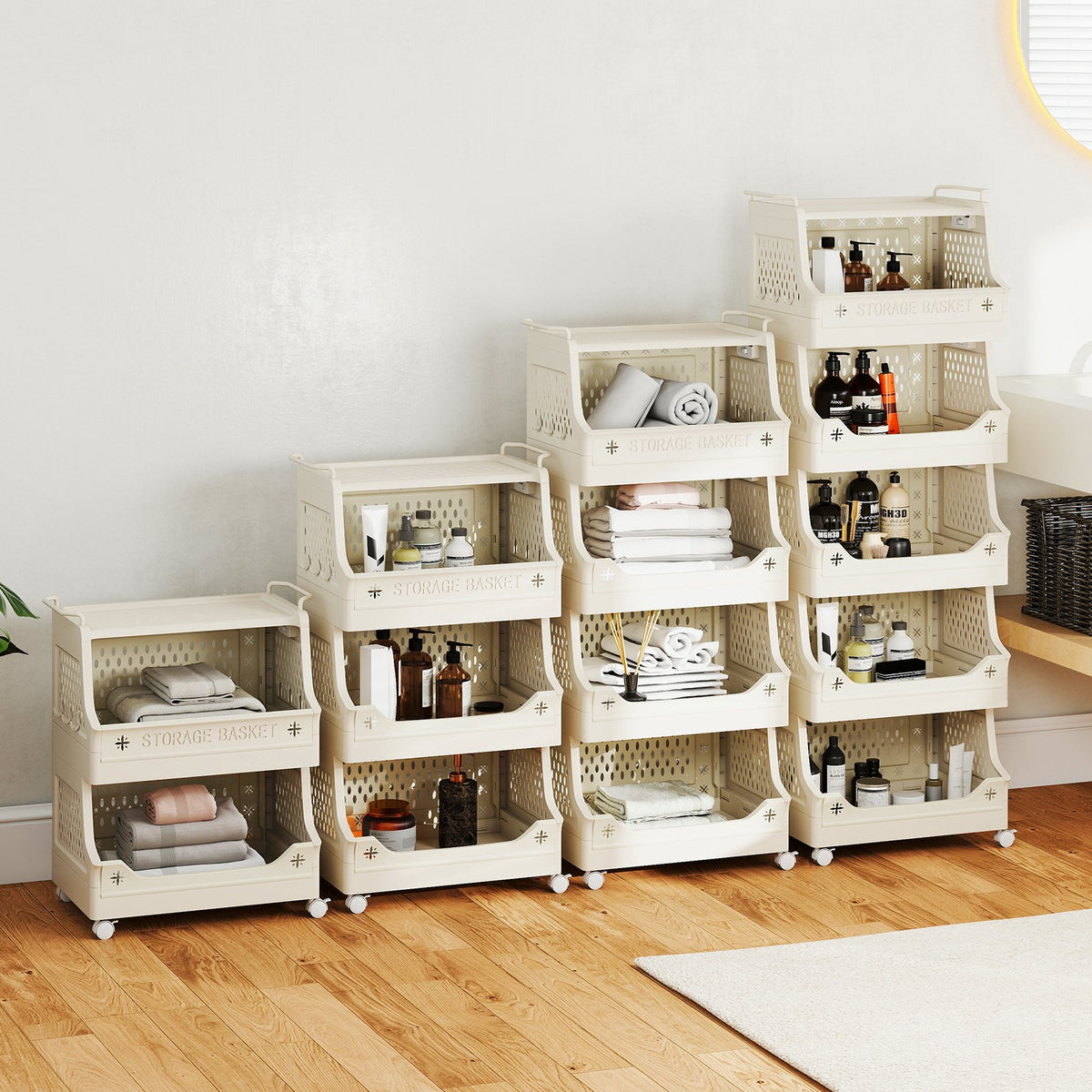 5-Tier Rolling Laundry Basket with Wheels Plastic Storage Cart with Side Hooks view 6
