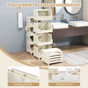 5-Tier Rolling Laundry Basket with Wheels Plastic Storage Cart with Side Hooks view 7