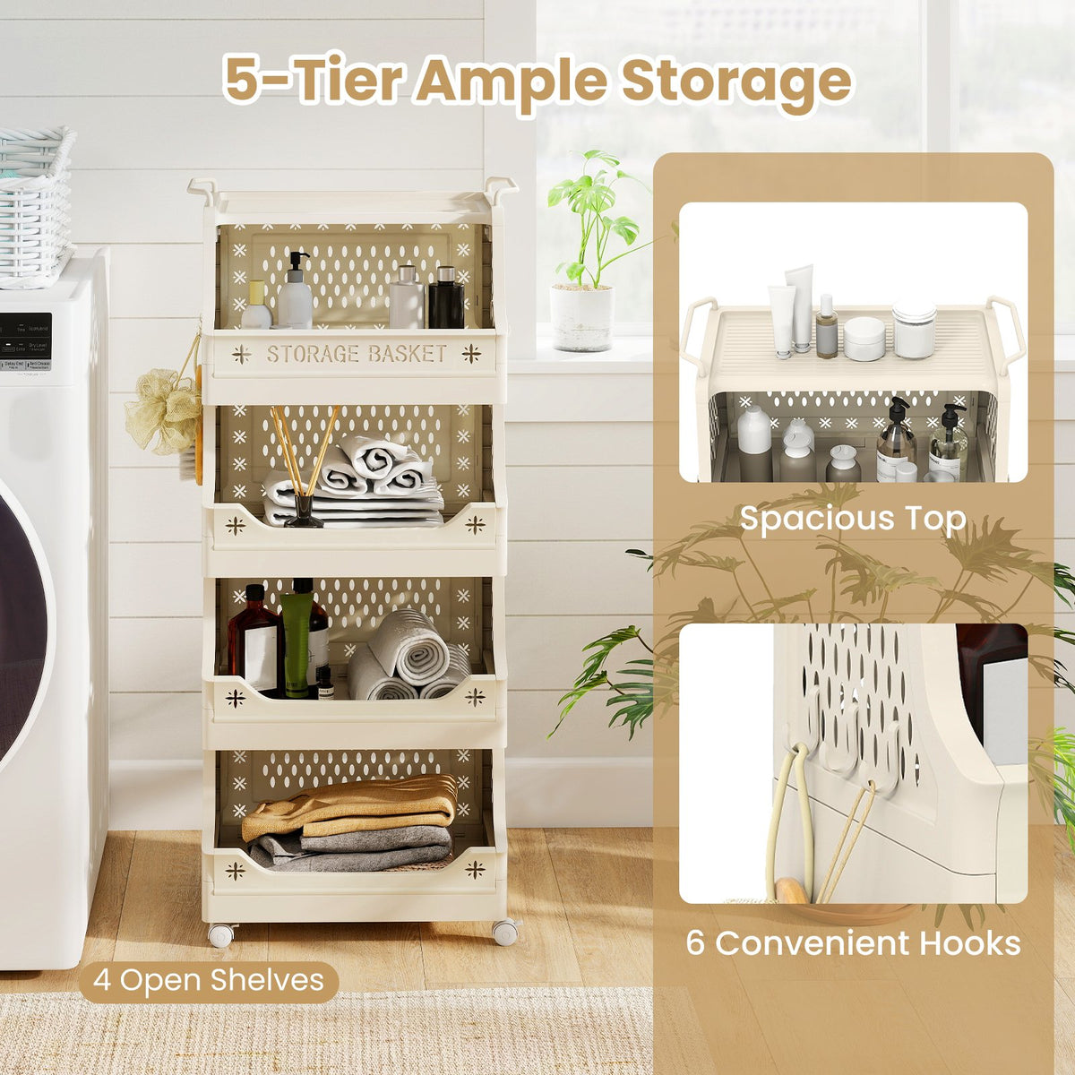 5-Tier Rolling Laundry Basket with Wheels Plastic Storage Cart with Side Hooks view 8