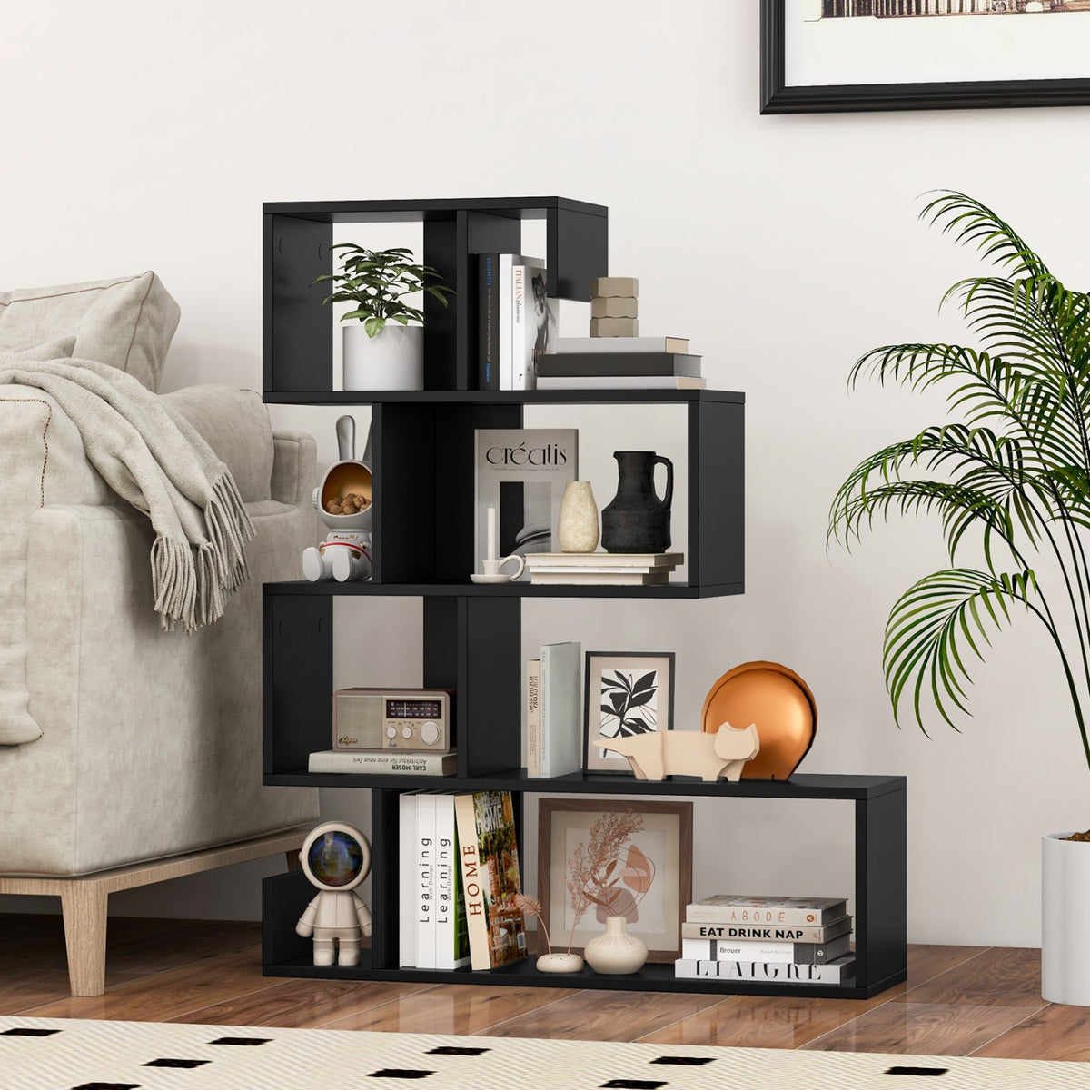 5-Tier S-Shaped Bookshelf Geometric Z-Shelf Bookcase with Open Cubes-Black view 2