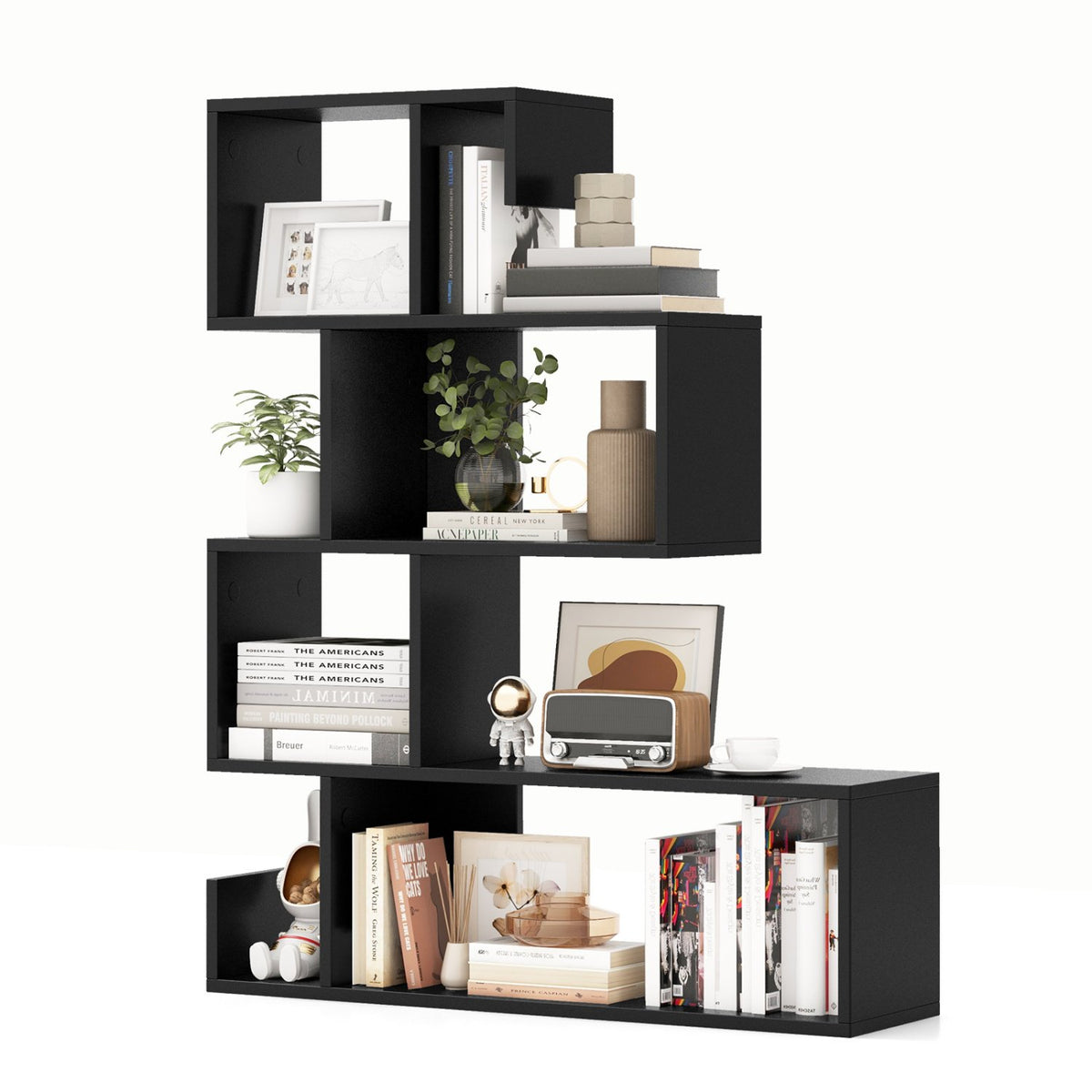 5-Tier S-Shaped Bookshelf Geometric Z-Shelf Bookcase with Open Cubes-Black view 4