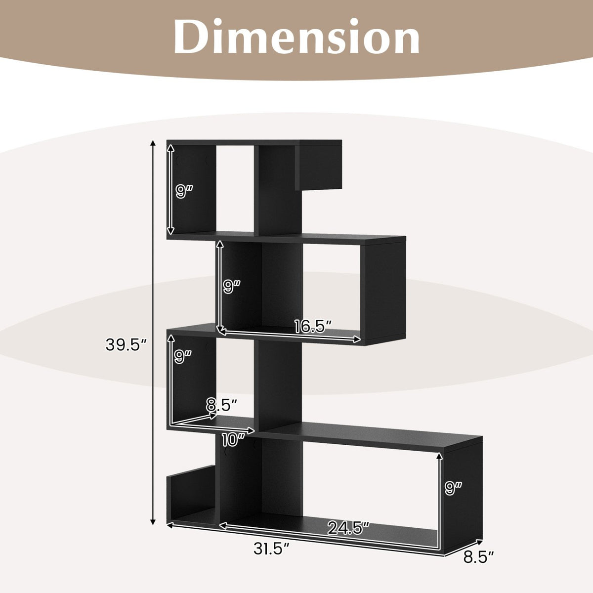 5-Tier S-Shaped Bookshelf Geometric Z-Shelf Bookcase with Open Cubes-Black view 5