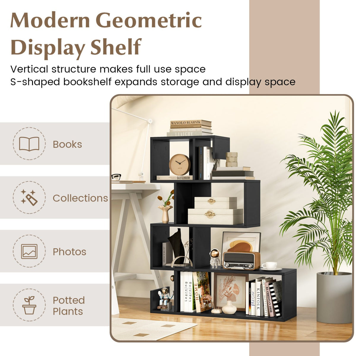 5-Tier S-Shaped Bookshelf Geometric Z-Shelf Bookcase with Open Cubes-Black view 8