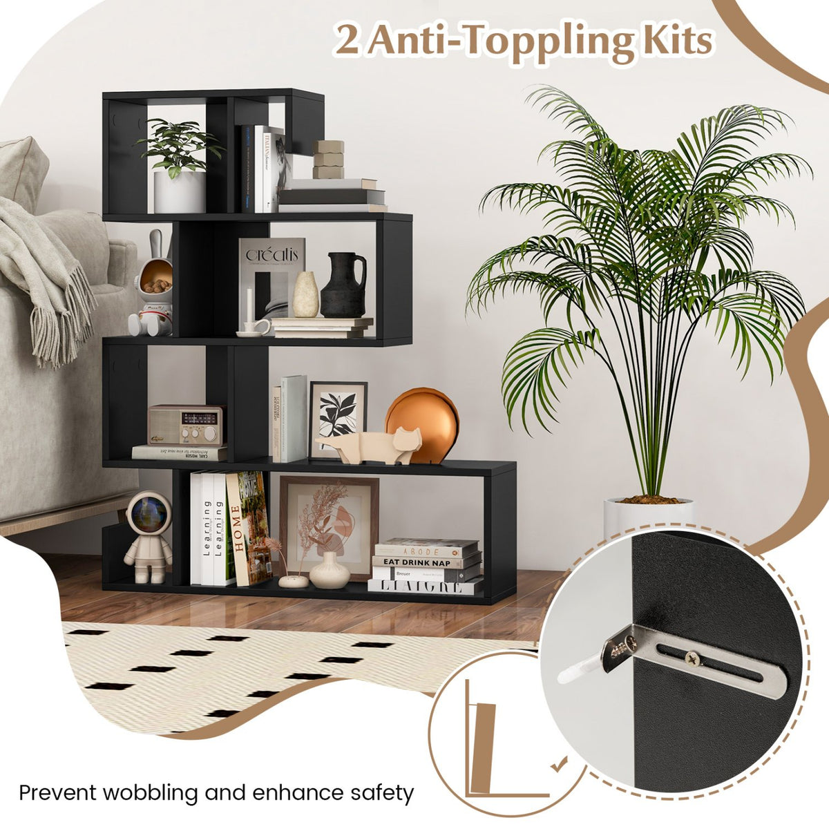 5-Tier S-Shaped Bookshelf Geometric Z-Shelf Bookcase with Open Cubes-Black view 9