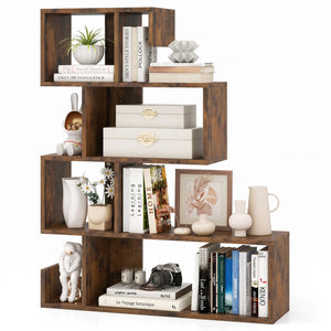5-Tier S-Shaped Bookshelf Geometric Z-Shelf Bookcase with Open Cubes-Rustic Brown