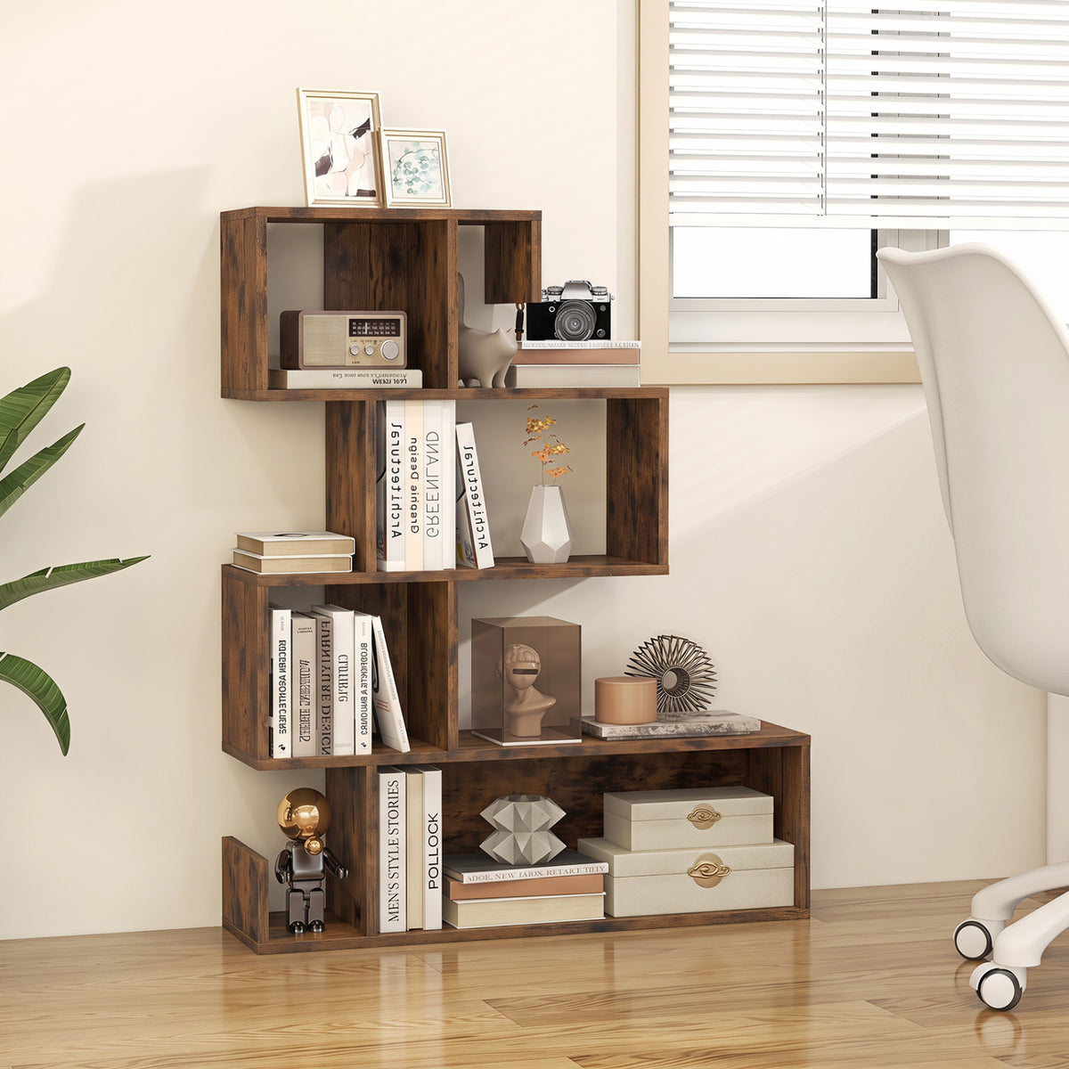 5-Tier S-Shaped Bookshelf Geometric Z-Shelf Bookcase with Open Cubes-Rustic Brown view 3