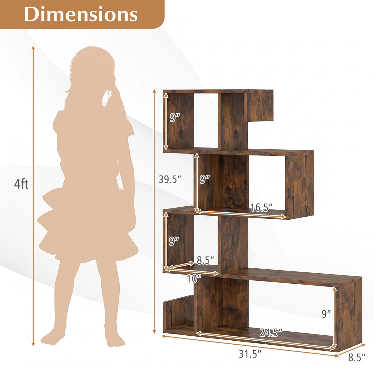 5-Tier S-Shaped Bookshelf Geometric Z-Shelf Bookcase with Open Cubes-Rustic Brown view 5