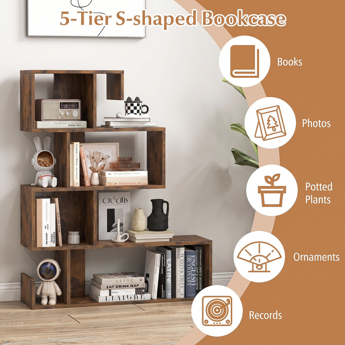5-Tier S-Shaped Bookshelf Geometric Z-Shelf Bookcase with Open Cubes-Rustic Brown view 6