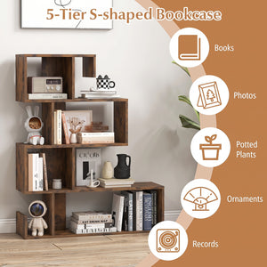 5-Tier S-Shaped Bookshelf Geometric Z-Shelf Bookcase with Open Cubes-Rustic Brown view 6