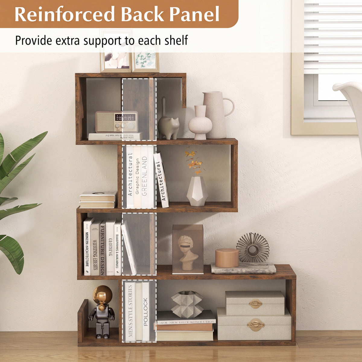 5-Tier S-Shaped Bookshelf Geometric Z-Shelf Bookcase with Open Cubes-Rustic Brown view 7
