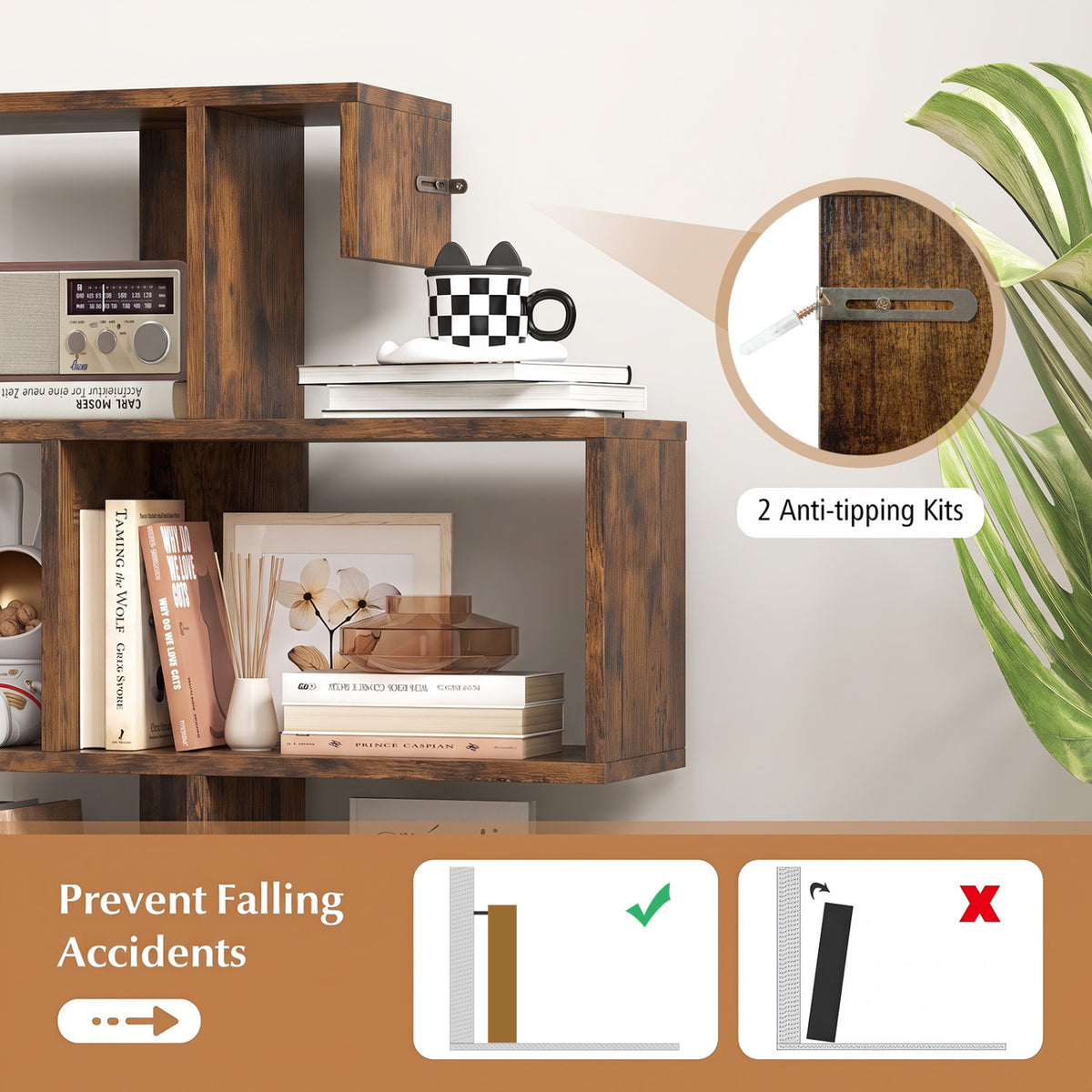5-Tier S-Shaped Bookshelf Geometric Z-Shelf Bookcase with Open Cubes-Rustic Brown view 8
