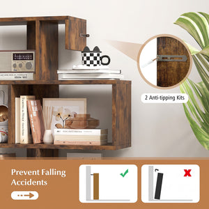 5-Tier S-Shaped Bookshelf Geometric Z-Shelf Bookcase with Open Cubes-Rustic Brown view 8