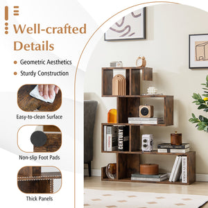 5-Tier S-Shaped Bookshelf Geometric Z-Shelf Bookcase with Open Cubes-Rustic Brown view 9