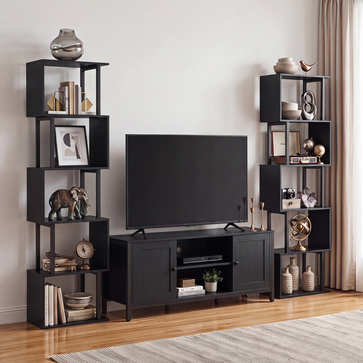 5-Tier S-Shaped Bookshelf w/ Open Cubes & Anti-toppling Kits for Living Room-Black view 3