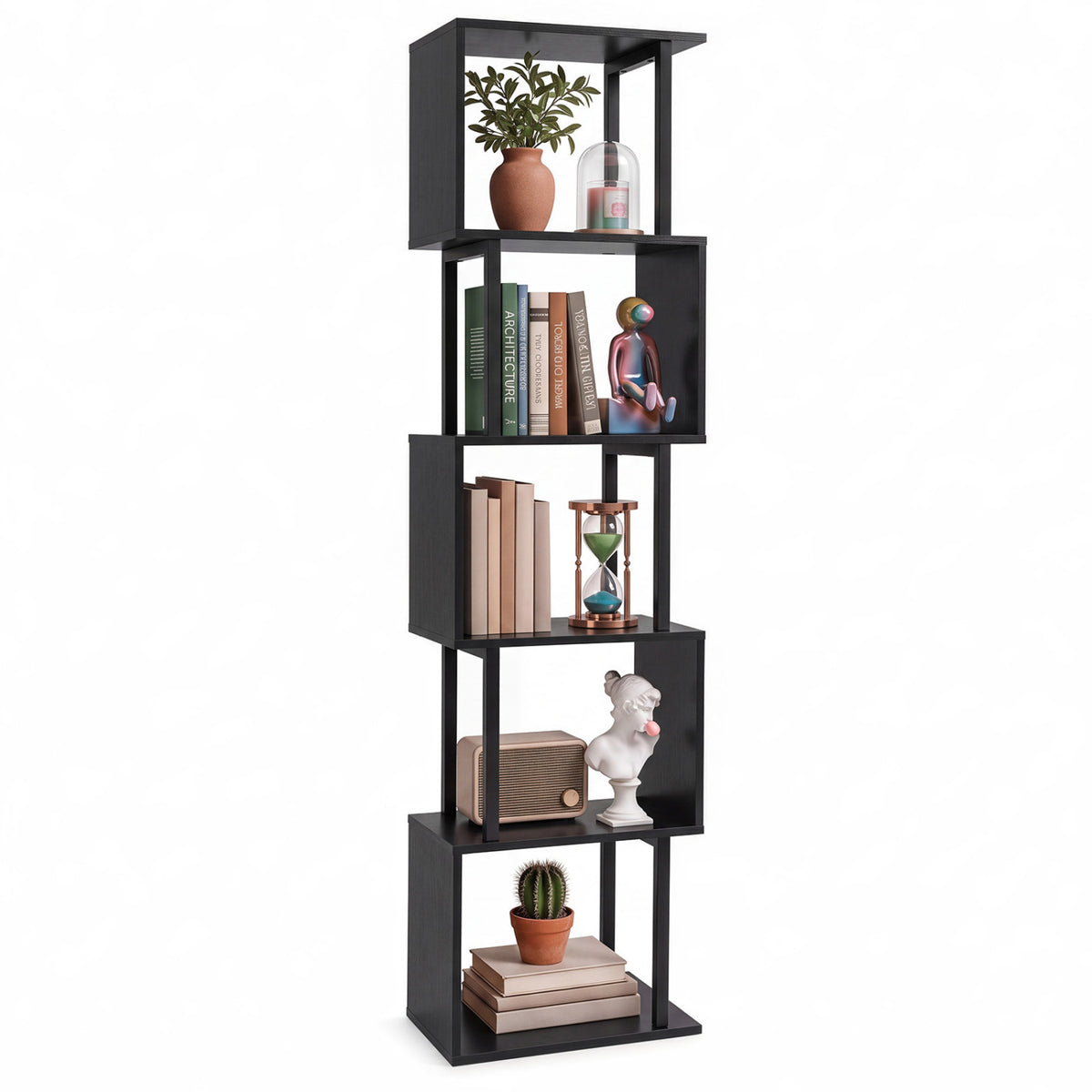 5-Tier S-Shaped Bookshelf w/ Open Cubes & Anti-toppling Kits for Living Room-Black view 4