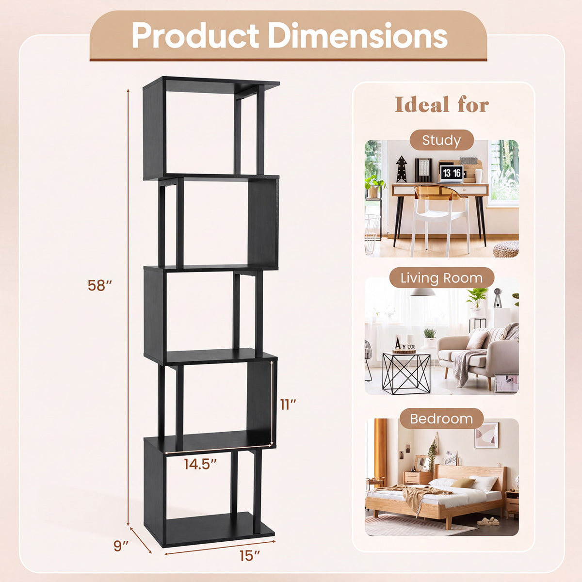 5-Tier S-Shaped Bookshelf w/ Open Cubes & Anti-toppling Kits for Living Room-Black view 5