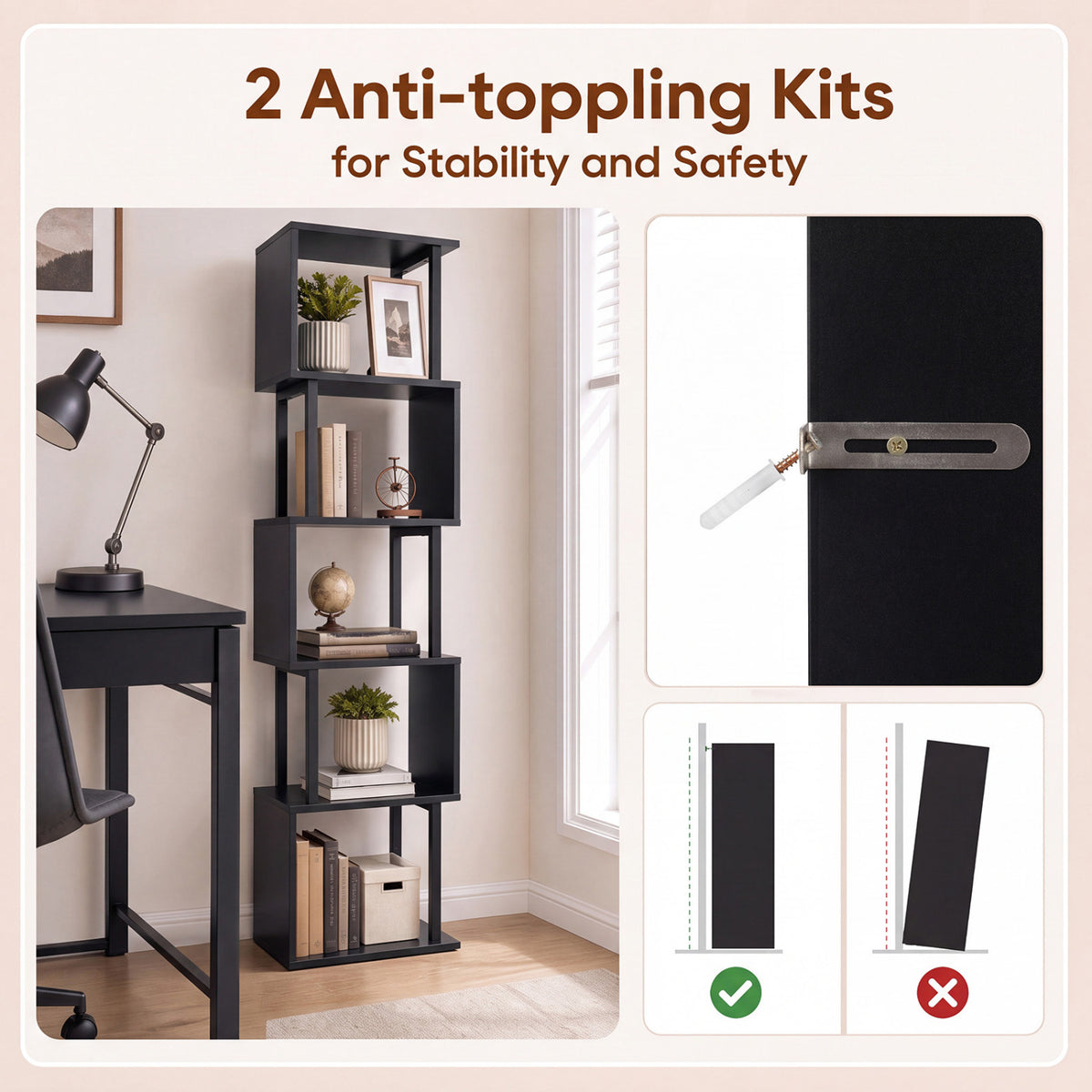 5-Tier S-Shaped Bookshelf w/ Open Cubes & Anti-toppling Kits for Living Room-Black view 7