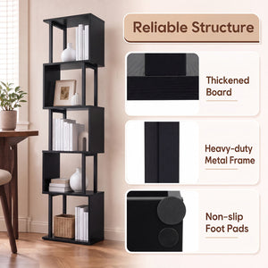 5-Tier S-Shaped Bookshelf w/ Open Cubes & Anti-toppling Kits for Living Room-Black view 8