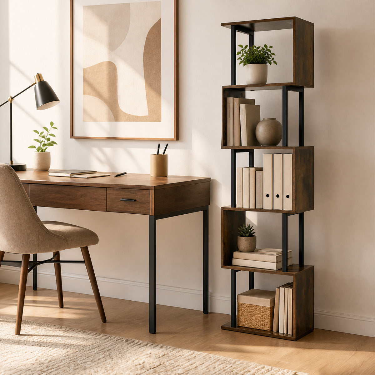 5-Tier S-Shaped Bookshelf w/ Open Cubes & Anti-toppling Kits for Living Room-Rustic Brown view 2