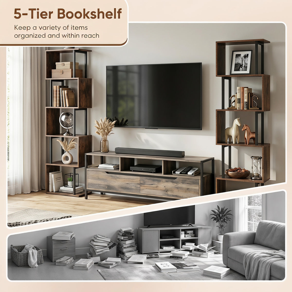 5-Tier S-Shaped Bookshelf w/ Open Cubes & Anti-toppling Kits for Living Room-Rustic Brown view 6