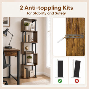 5-Tier S-Shaped Bookshelf w/ Open Cubes & Anti-toppling Kits for Living Room-Rustic Brown view 7