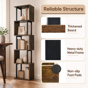 5-Tier S-Shaped Bookshelf w/ Open Cubes & Anti-toppling Kits for Living Room-Rustic Brown view 8