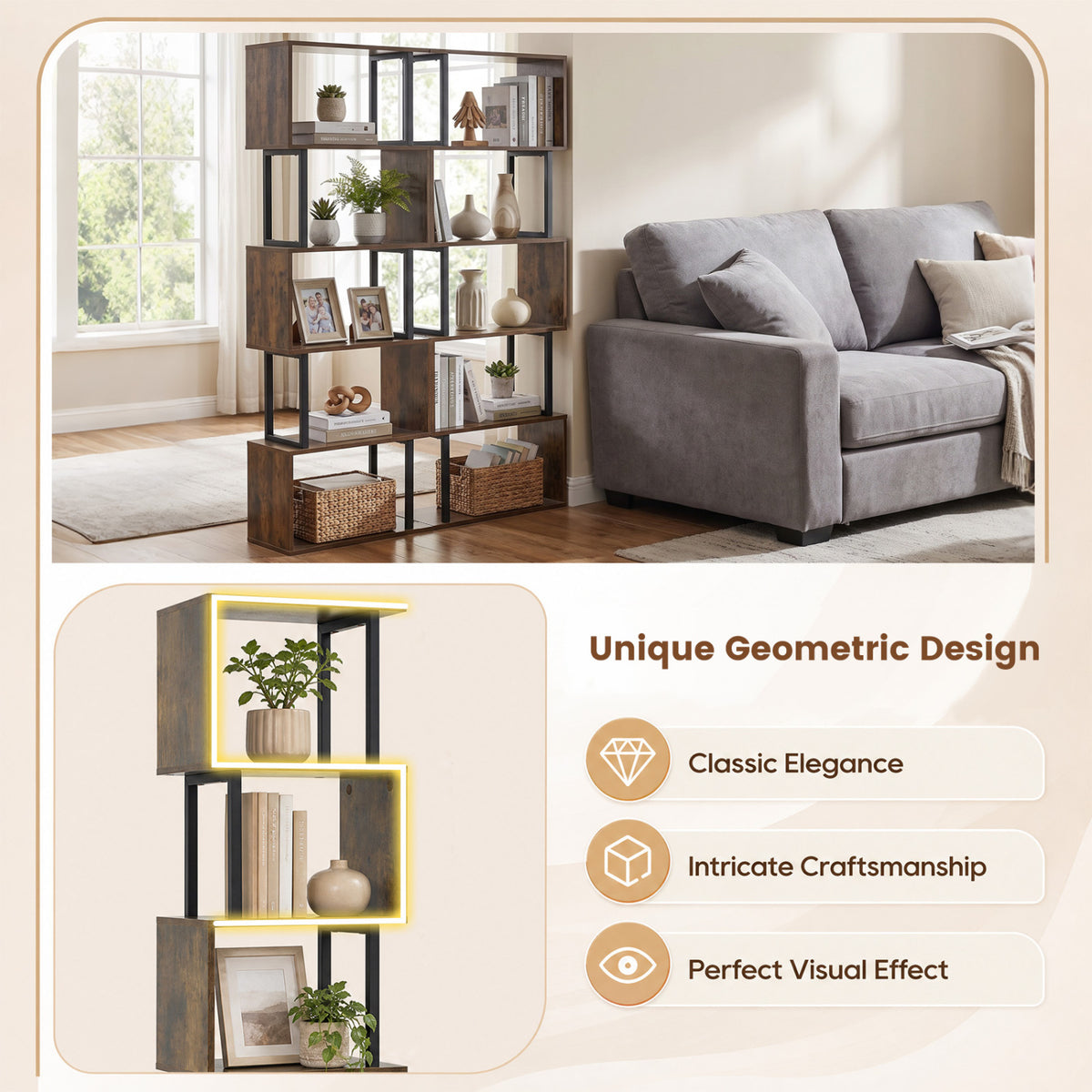 5-Tier S-Shaped Bookshelf w/ Open Cubes & Anti-toppling Kits for Living Room-Rustic Brown view 9