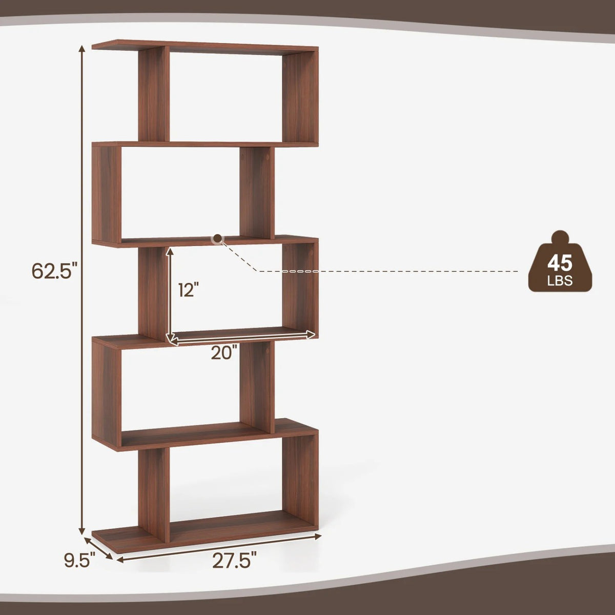 5-Tier S-Shaped Bookshelf with Anti-Tip Kit for Living Room Home Office-Walnut view 4