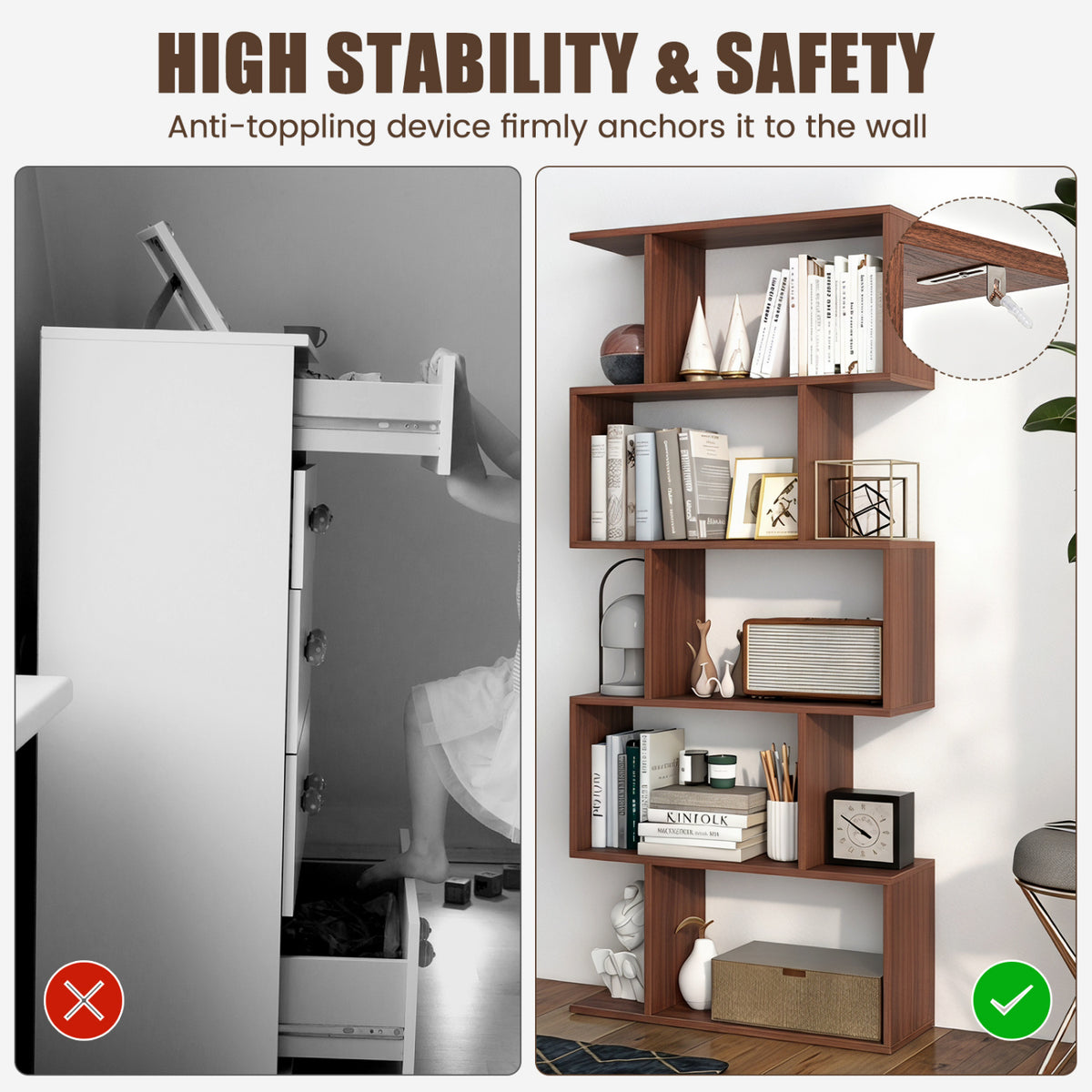 5-Tier S-Shaped Bookshelf with Anti-Tip Kit for Living Room Home Office-Walnut view 5