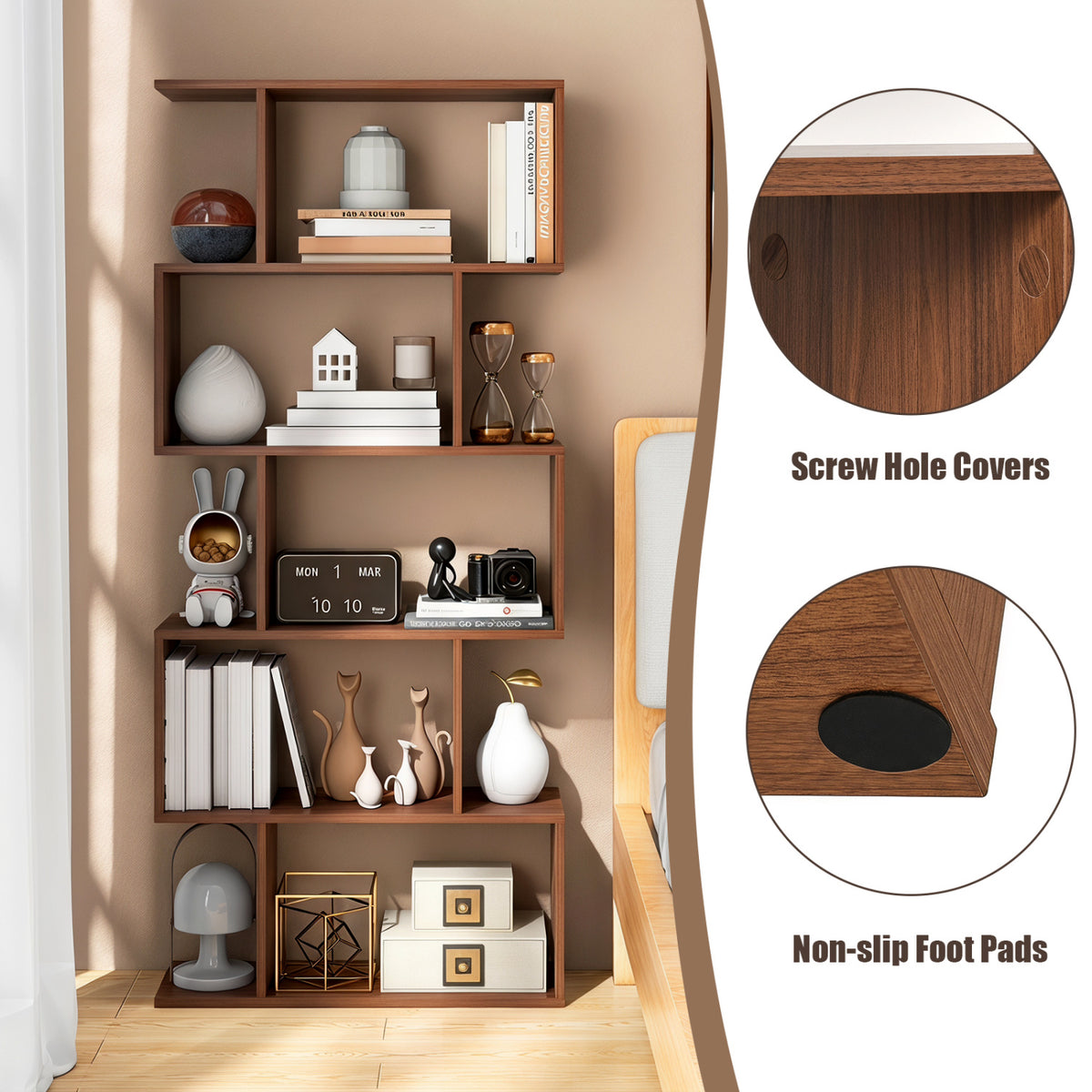5-Tier S-Shaped Bookshelf with Anti-Tip Kit for Living Room Home Office-Walnut view 6