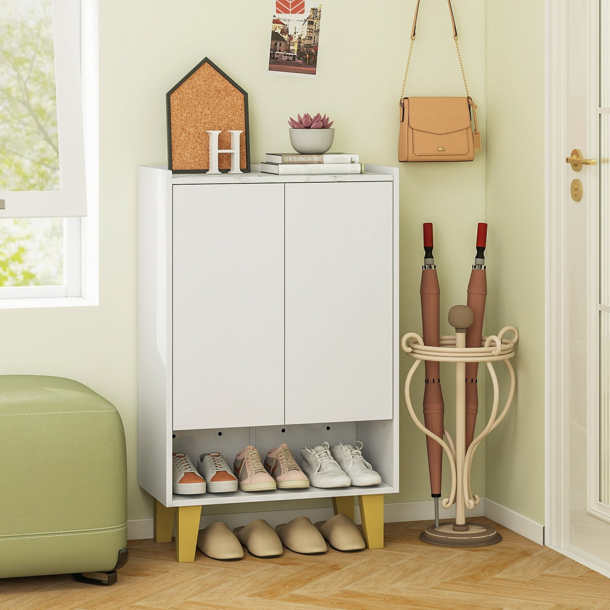 5-Tier Shoe Cabinet with Faux Marble Countertop and Flat Tilting Shelves-White view 2