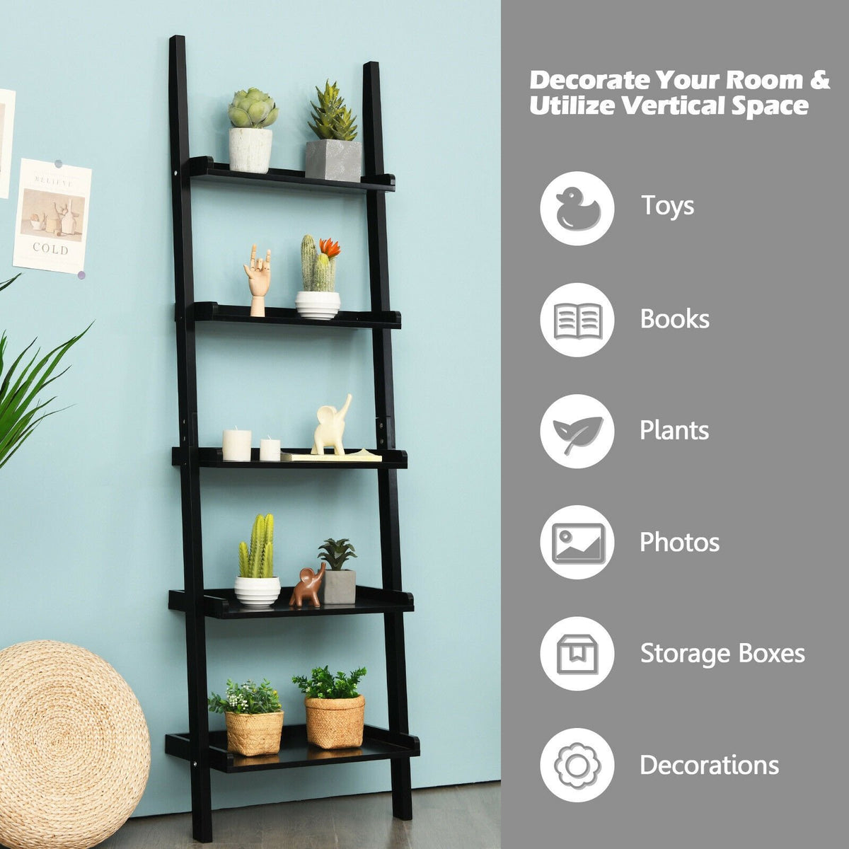 5-Tier Wall-leaning Ladder Shelf Display Rack for Plants and Books-Black view 3