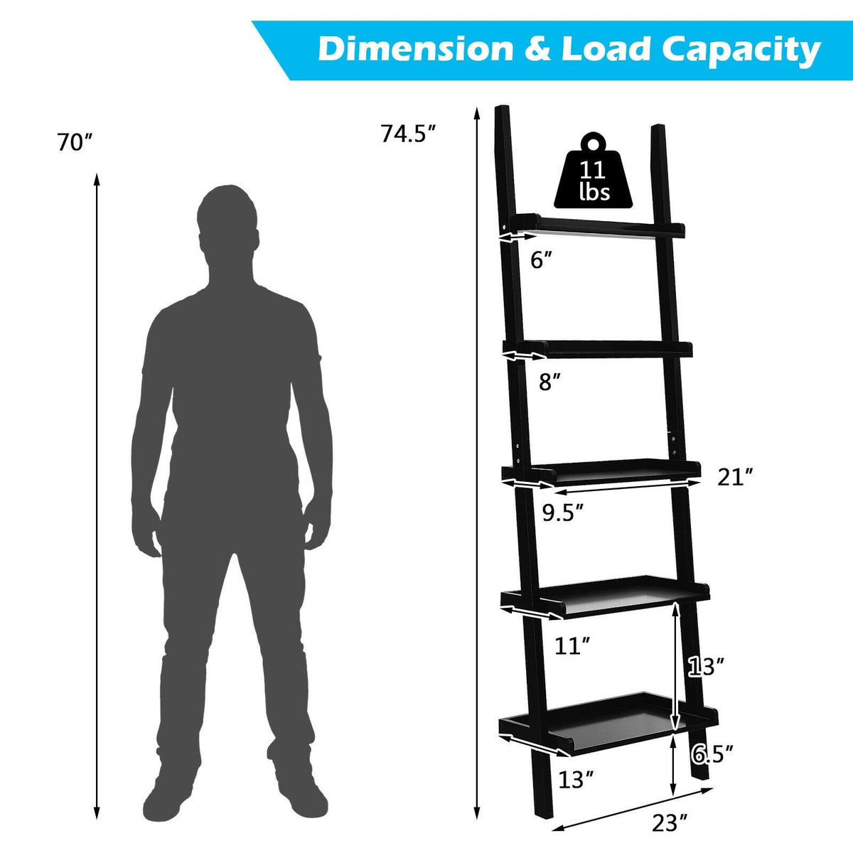 5-Tier Wall-leaning Ladder Shelf Display Rack for Plants and Books-Black view 4