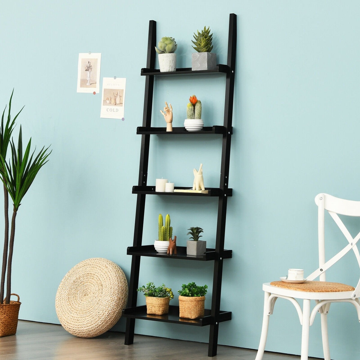 5-Tier Wall-leaning Ladder Shelf Display Rack for Plants and Books-Black view 8