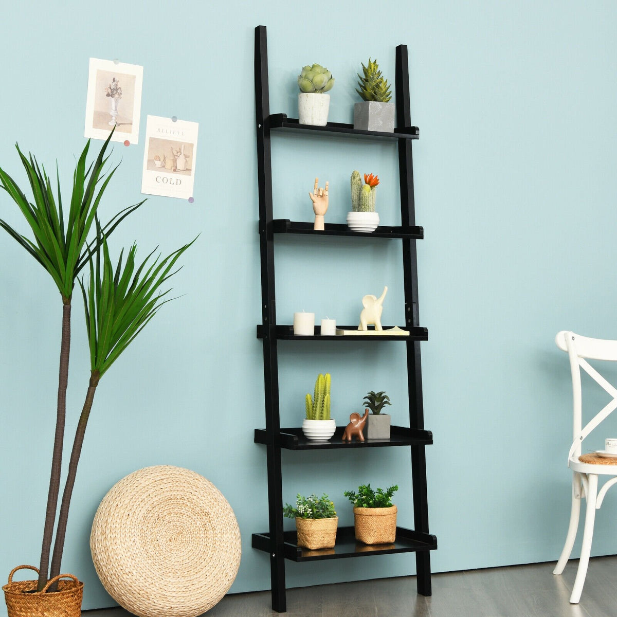 5-Tier Wall-leaning Ladder Shelf Display Rack for Plants and Books-Black view 9