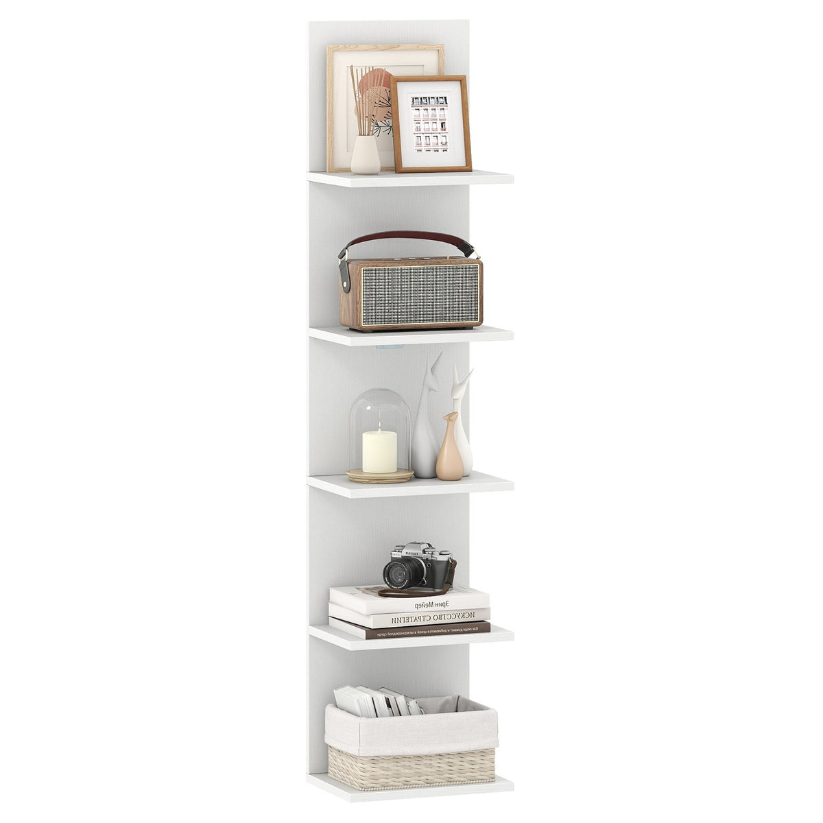 5-Tier Wall Mounted Shelf Unit with Wood Grain-White