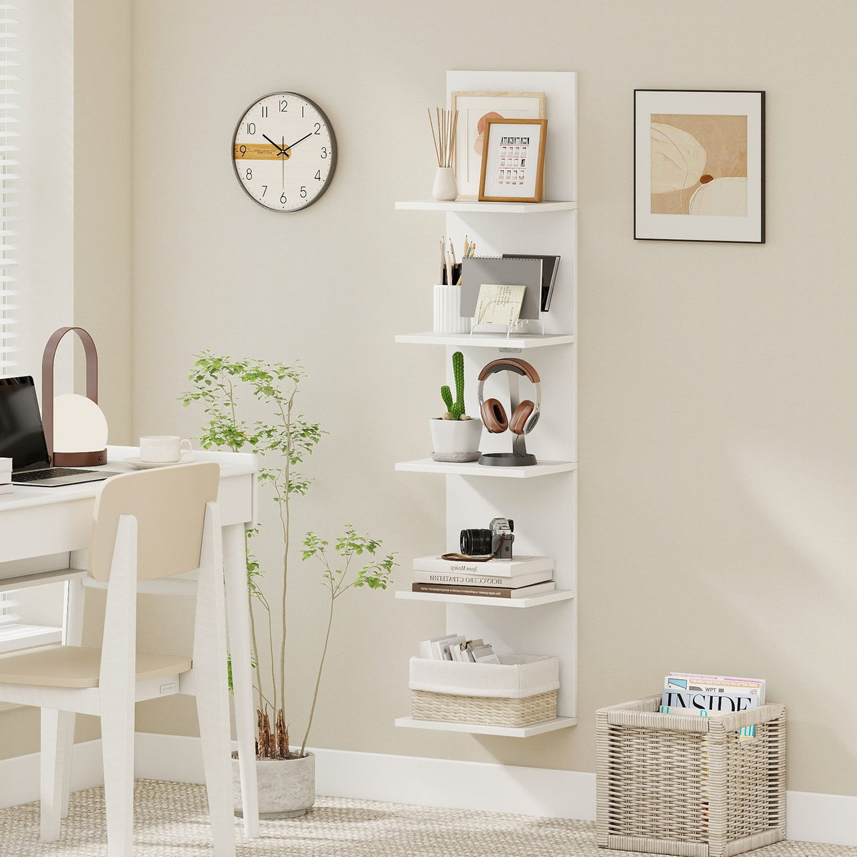 5-Tier Wall Mounted Shelf Unit with Wood Grain-White view 2