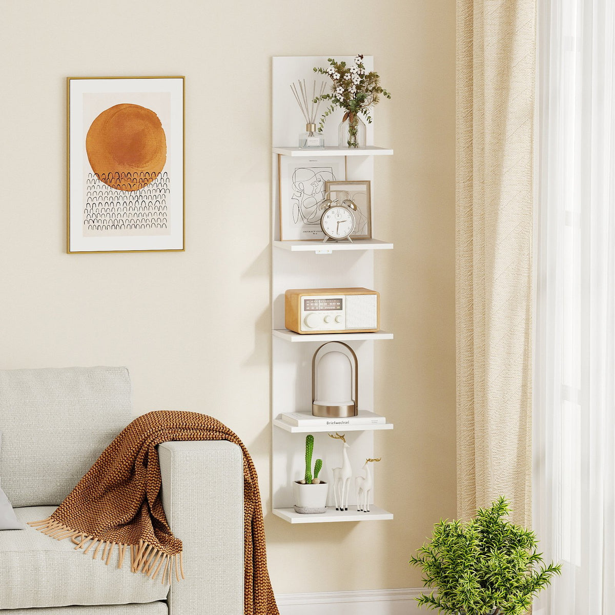 5-Tier Wall Mounted Shelf Unit with Wood Grain-White view 6