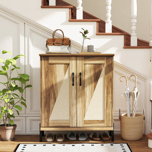 5-Tier Wooden Farmhouse Shoe Cabinet with Woven Rattan Doors-Natural view 2