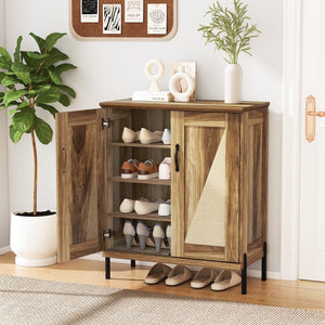 5-Tier Wooden Farmhouse Shoe Cabinet with Woven Rattan Doors-Natural view 3