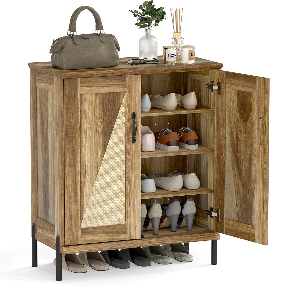5-Tier Wooden Farmhouse Shoe Cabinet with Woven Rattan Doors-Natural view 4