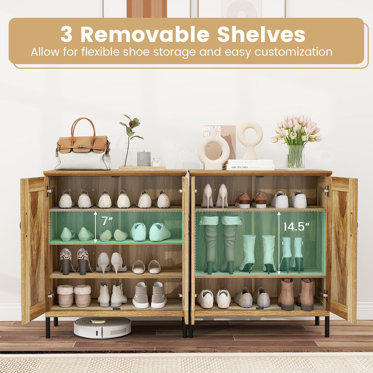 5-Tier Wooden Farmhouse Shoe Cabinet with Woven Rattan Doors-Natural view 6