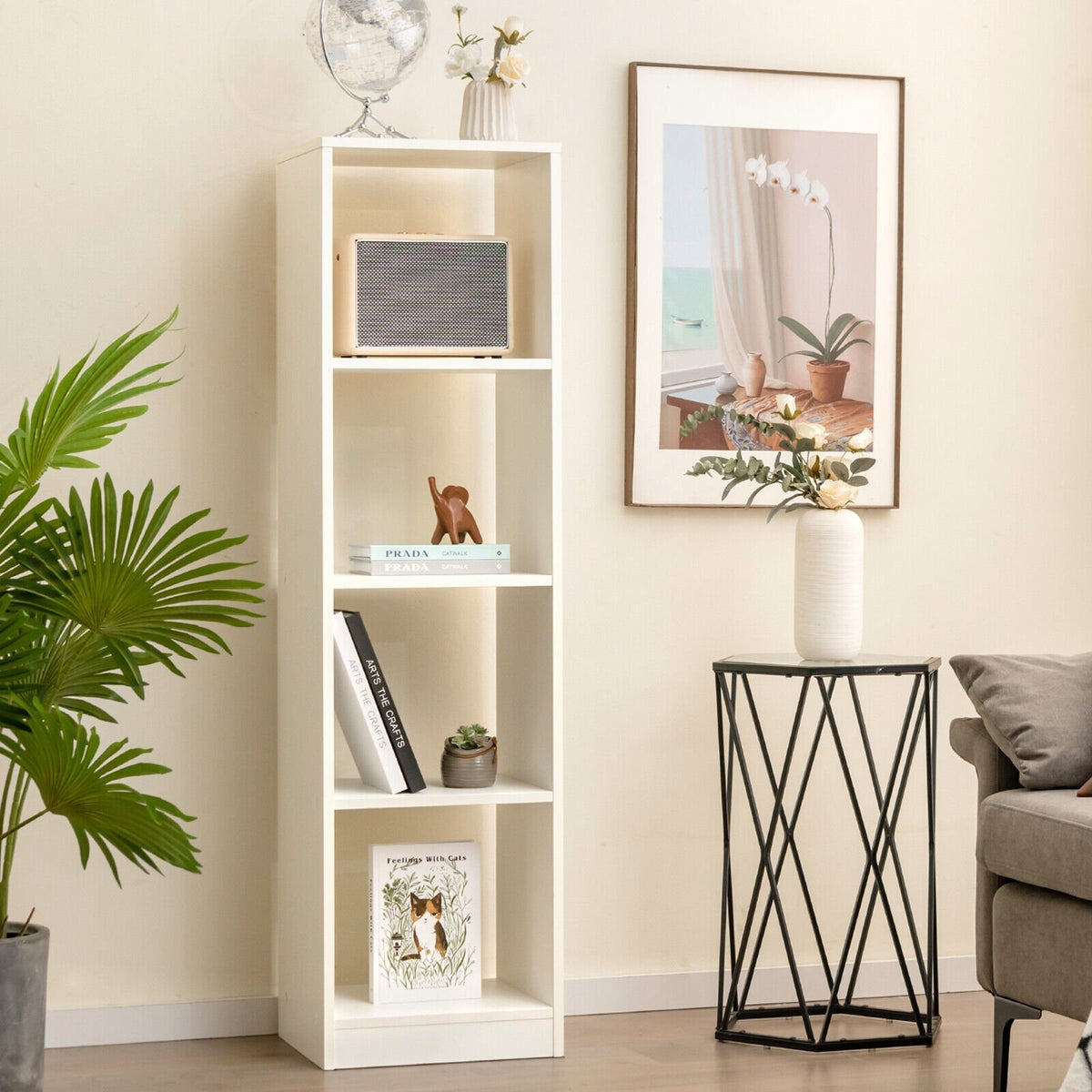 5 Tiers 4-Cube Narrow Bookshelf with 4 Anti-Tipping Kits-White view 2