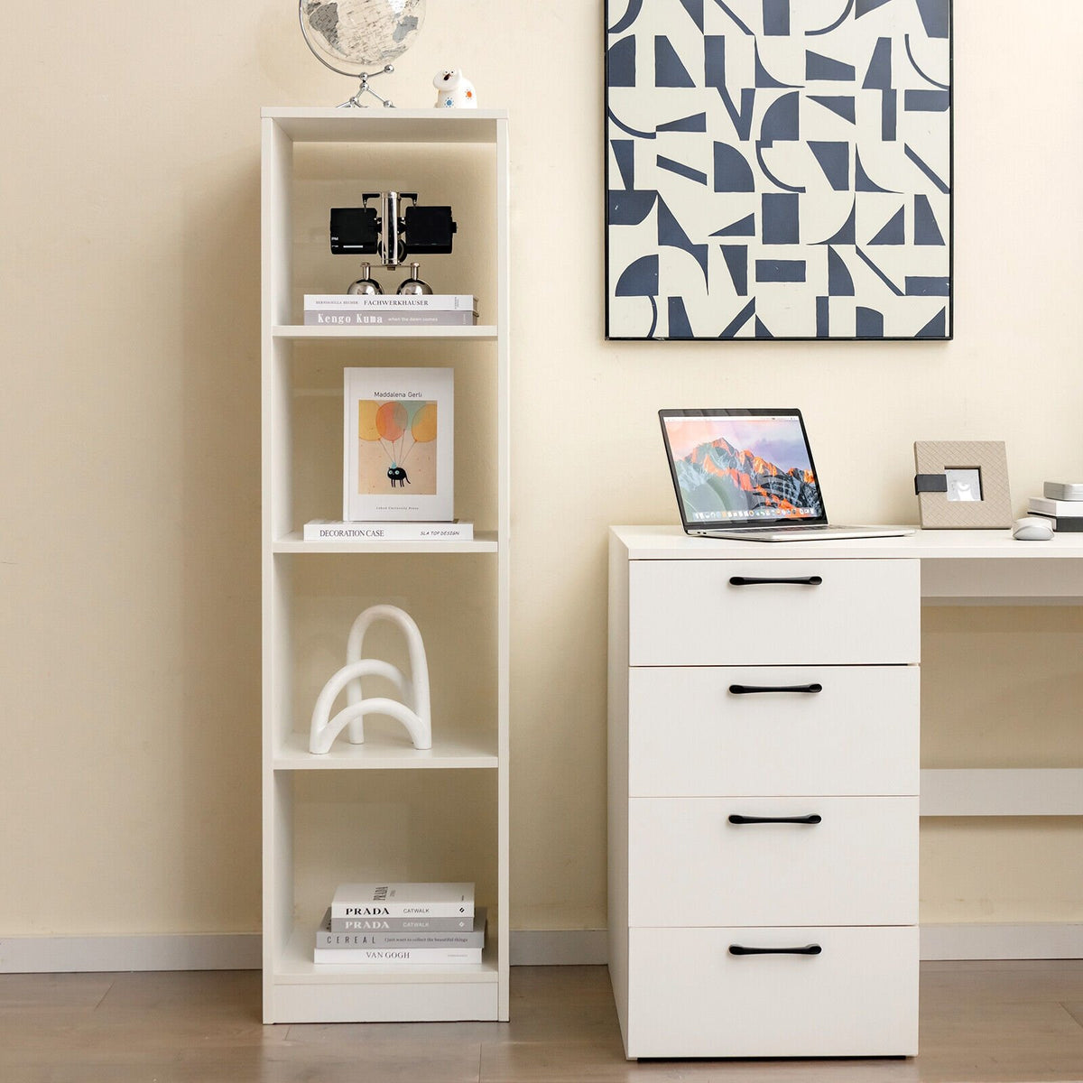5 Tiers 4-Cube Narrow Bookshelf with 4 Anti-Tipping Kits-White view 3