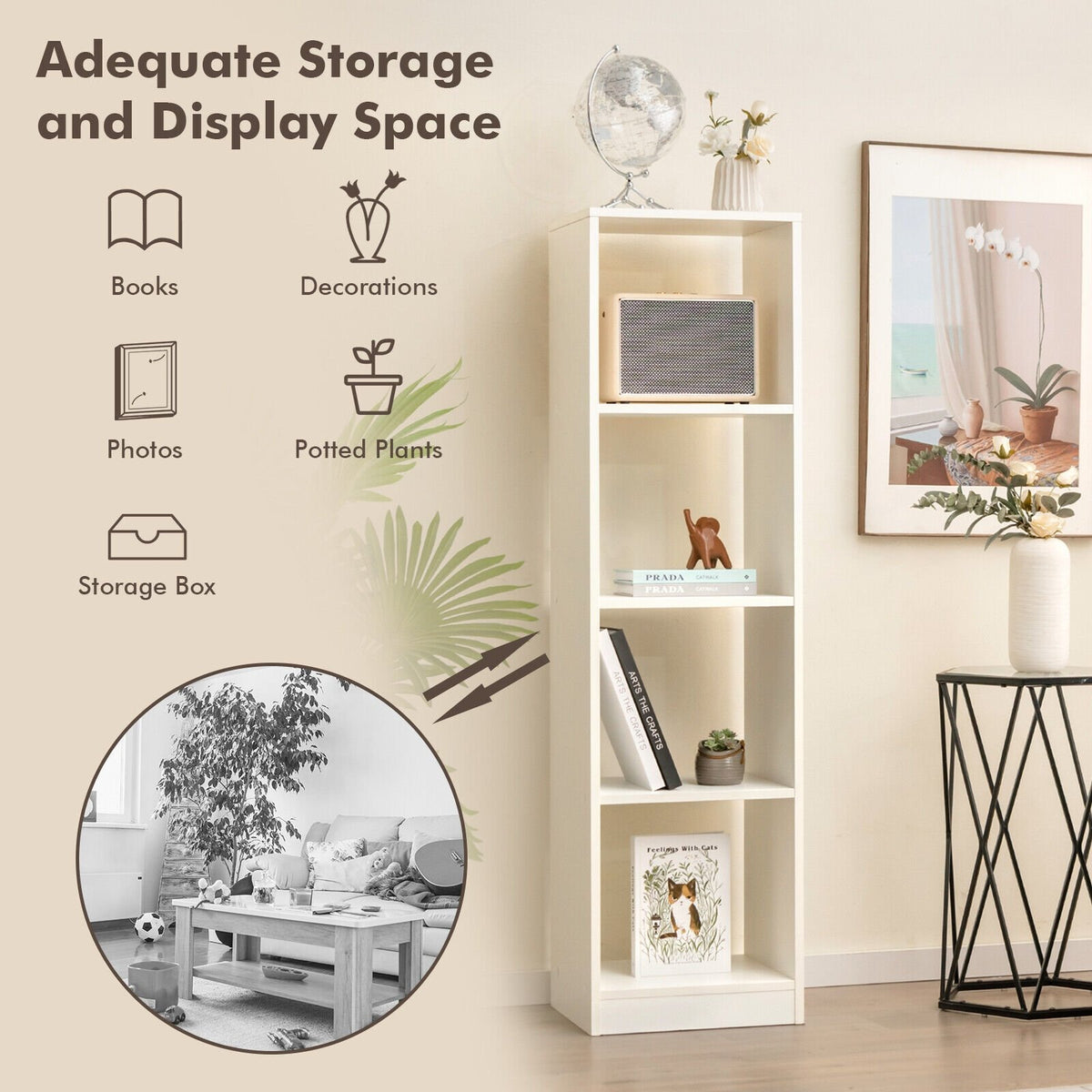 5 Tiers 4-Cube Narrow Bookshelf with 4 Anti-Tipping Kits-White view 6