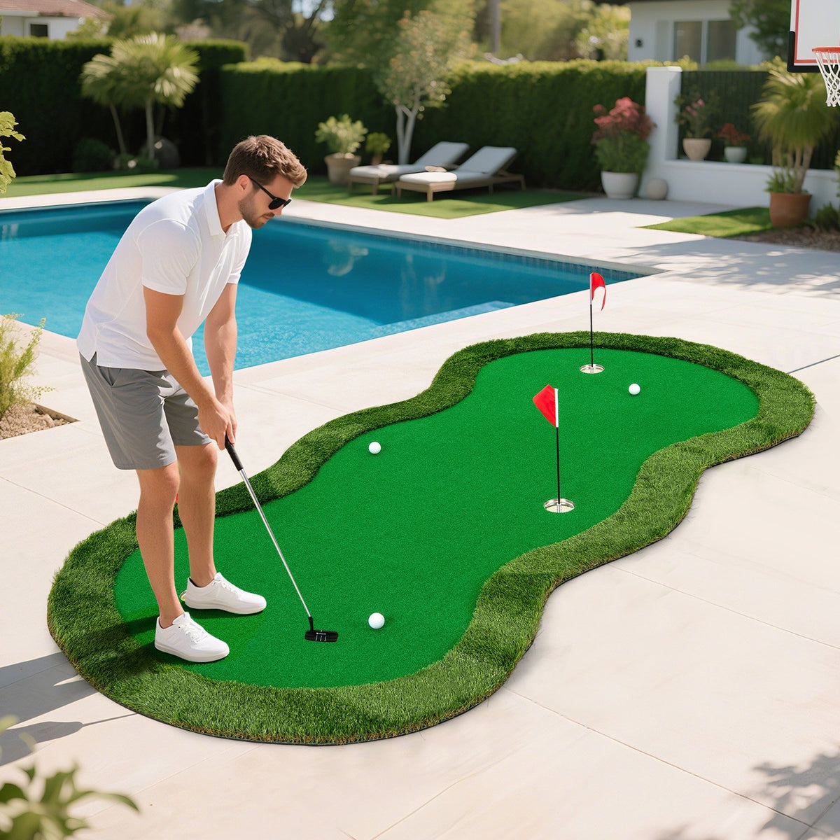 5 x 10 Feet Golf Practice Putting Green Mat with 3 Holes and Golf Balls for Home Office Backyard view 3