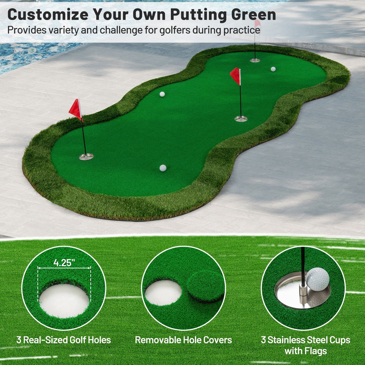 5 x 10 Feet Golf Practice Putting Green Mat with 3 Holes and Golf Balls for Home Office Backyard view 8