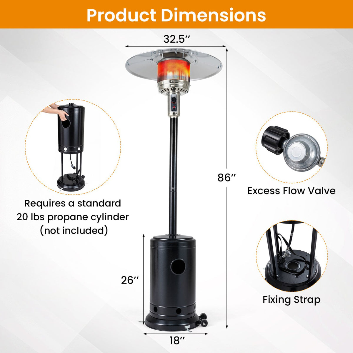 50 000 BTU Patio Propane Gas Heater with Stainless Steel Burner-Black view 4